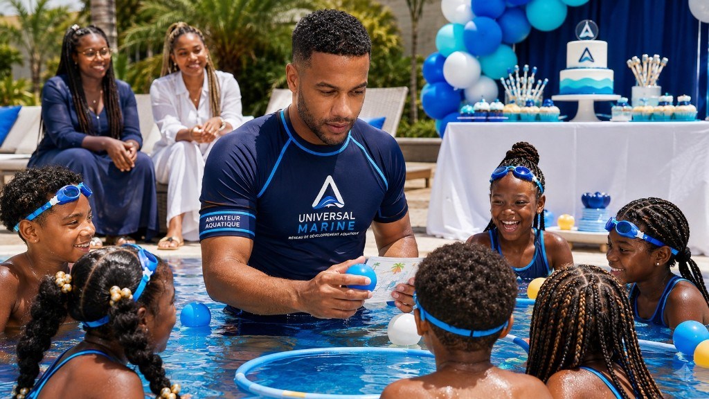 Anniversaire aquatique avec gâteau, arche de ballons et enfants autour de l'animateur