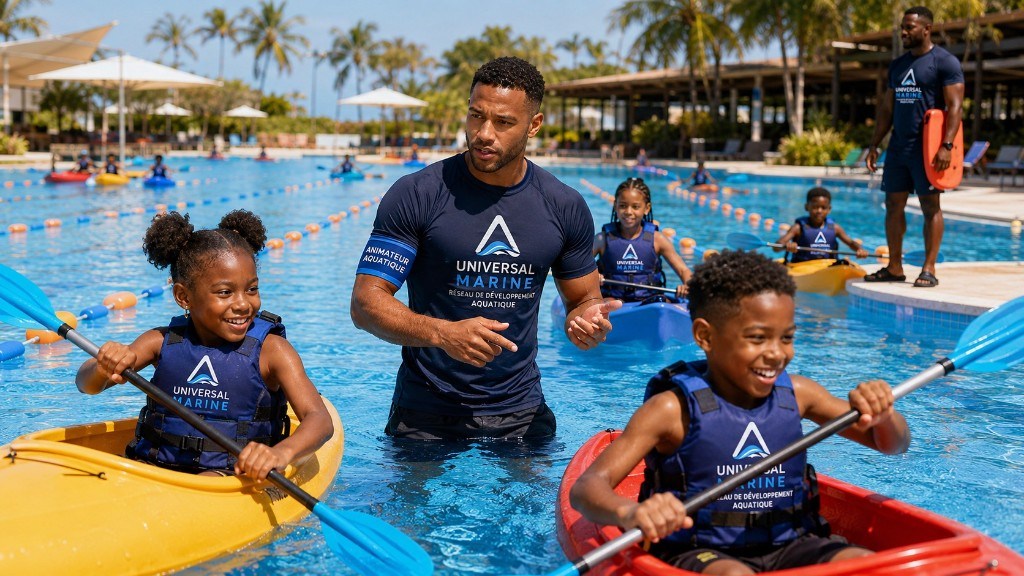 Enfants en kayaks encadrés par un animateur Universal Marine