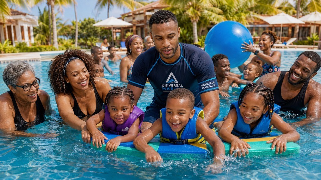 Famille multigénérationnelle dans la piscine avec enfants en gilets et animateur Universal Marine
