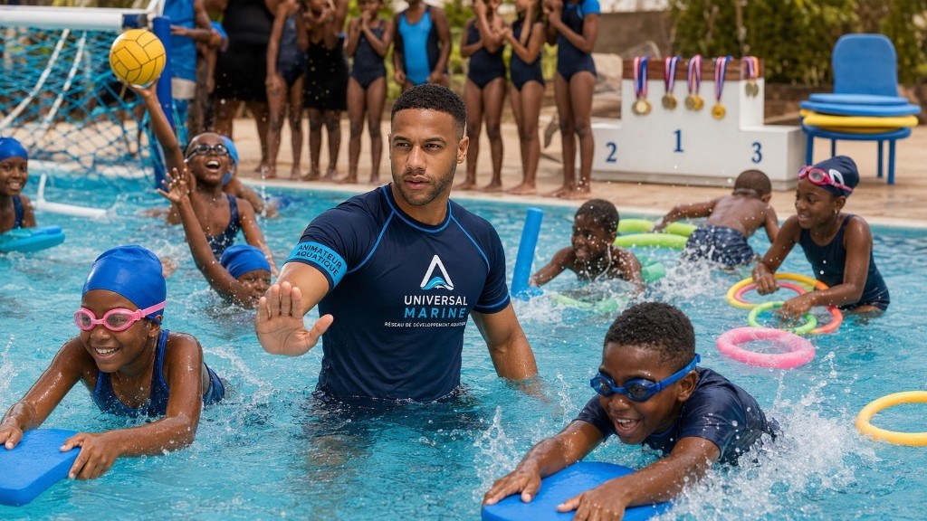 Animateur Universal Marine et enfants en jeux aquatiques avec ballons et planches