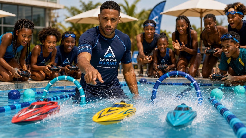 Course de bateaux télécommandés en piscine avec animateur et enfants