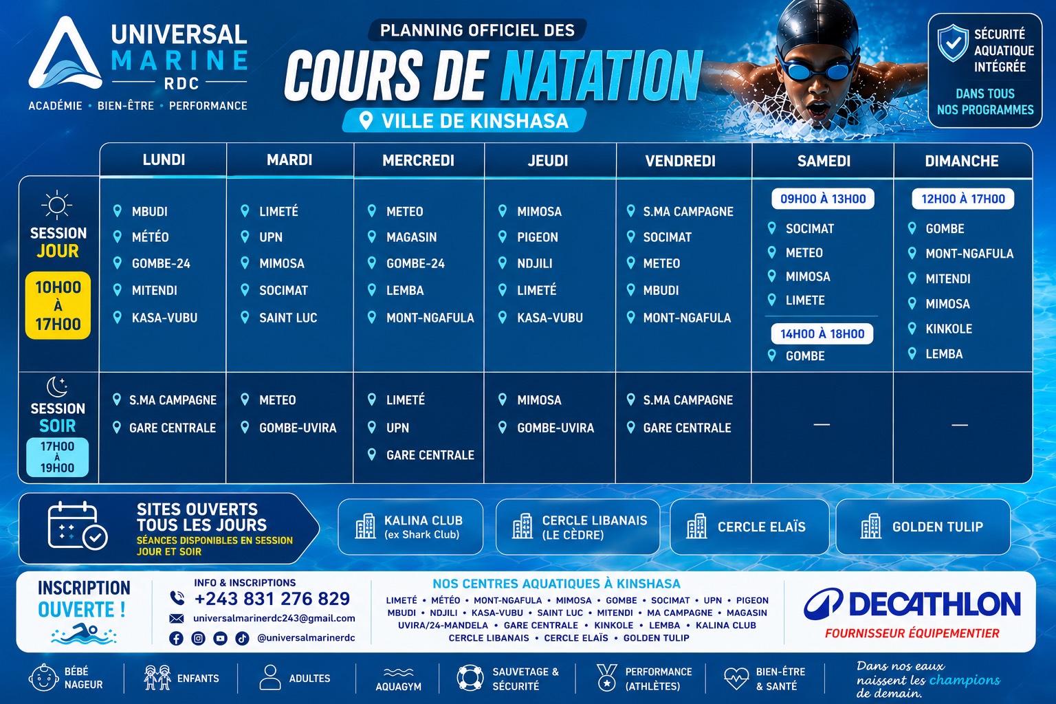 Affiche officielle des horaires des cours de natation à Kinshasa