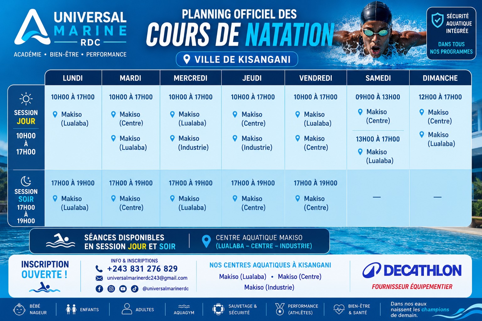 Affiche officielle des horaires des cours de natation à Kisangani