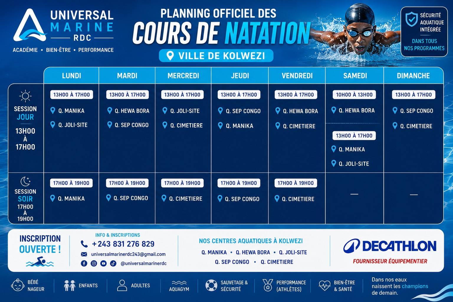 Affiche officielle des horaires des cours de natation à Kolwezi