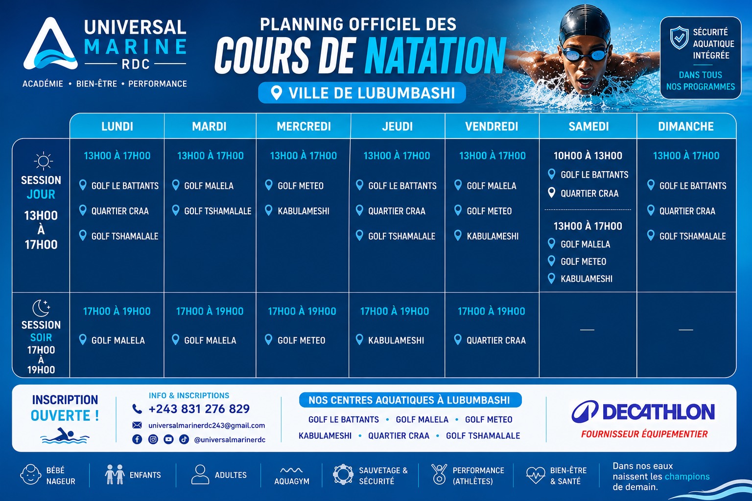 Affiche officielle des horaires des cours de natation à Lubumbashi