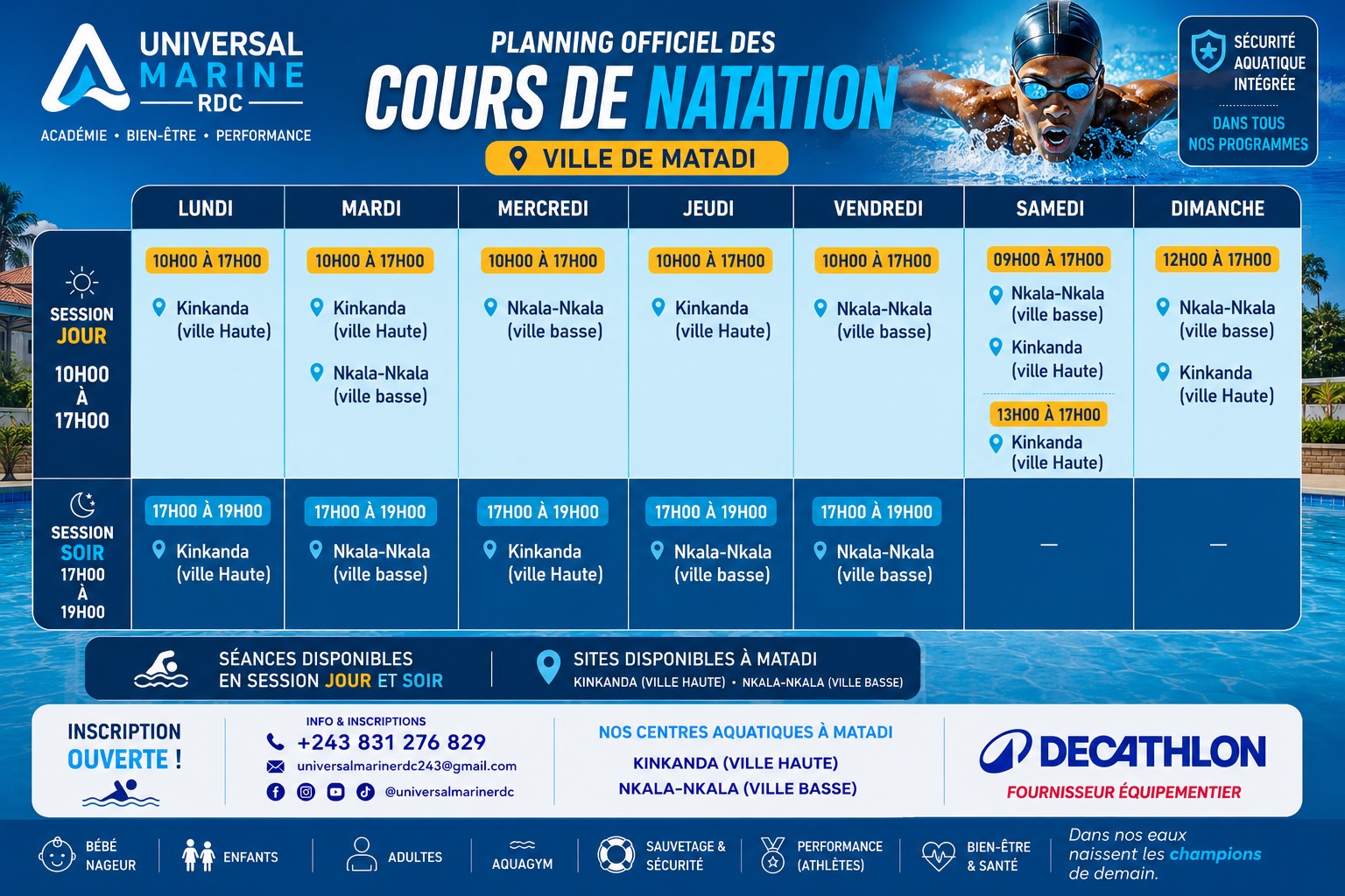 Affiche officielle des horaires des cours de natation à Matadi