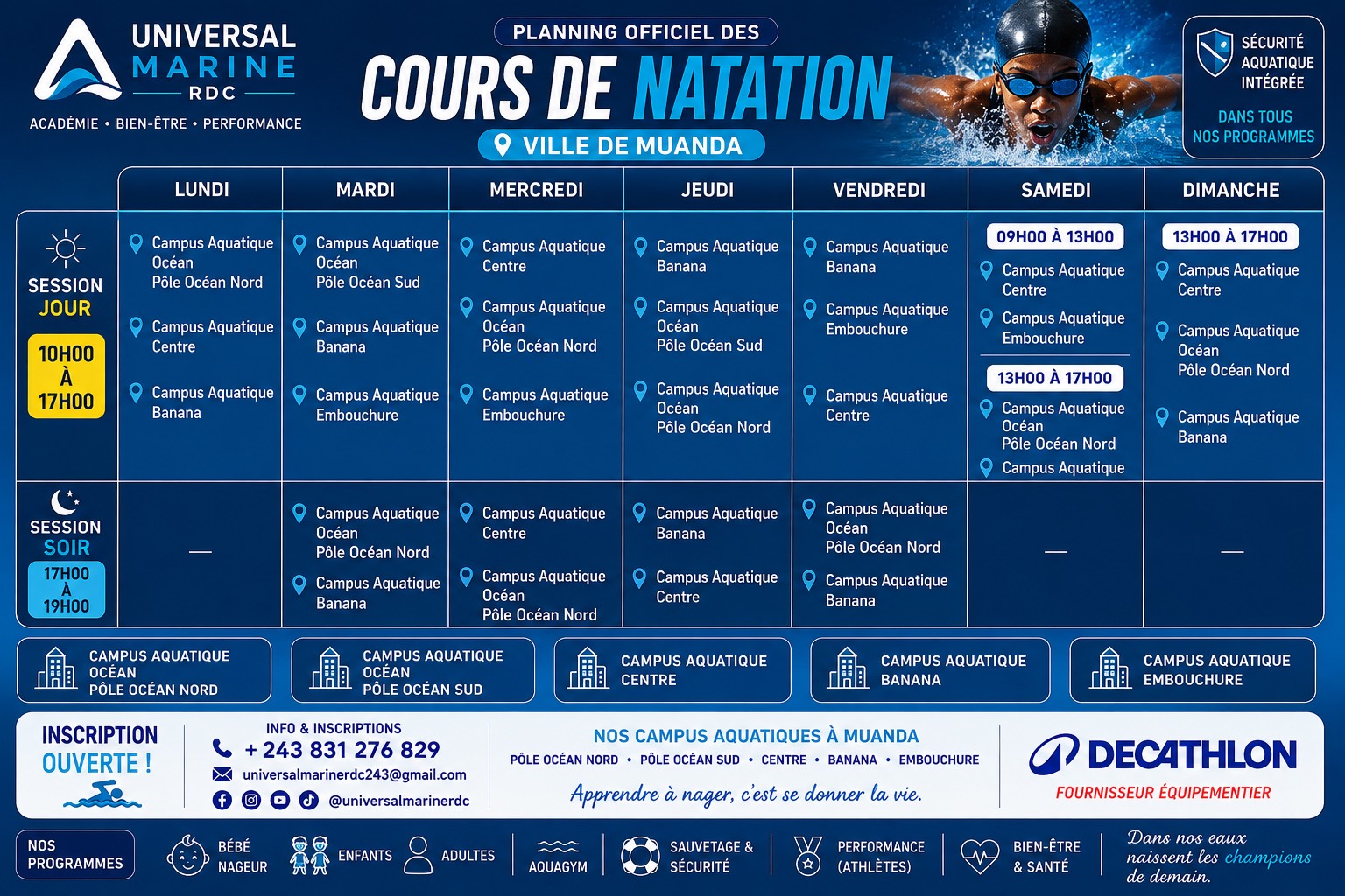 Affiche officielle des horaires des cours de natation à Muanda