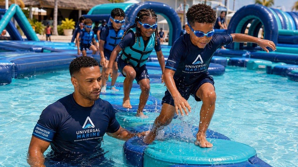 Enfants sur un parcours flottant gonflable avec animateur aquatique
