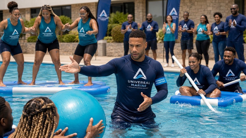 Adultes en team building aquatique Universal Marine autour et dans la piscine
