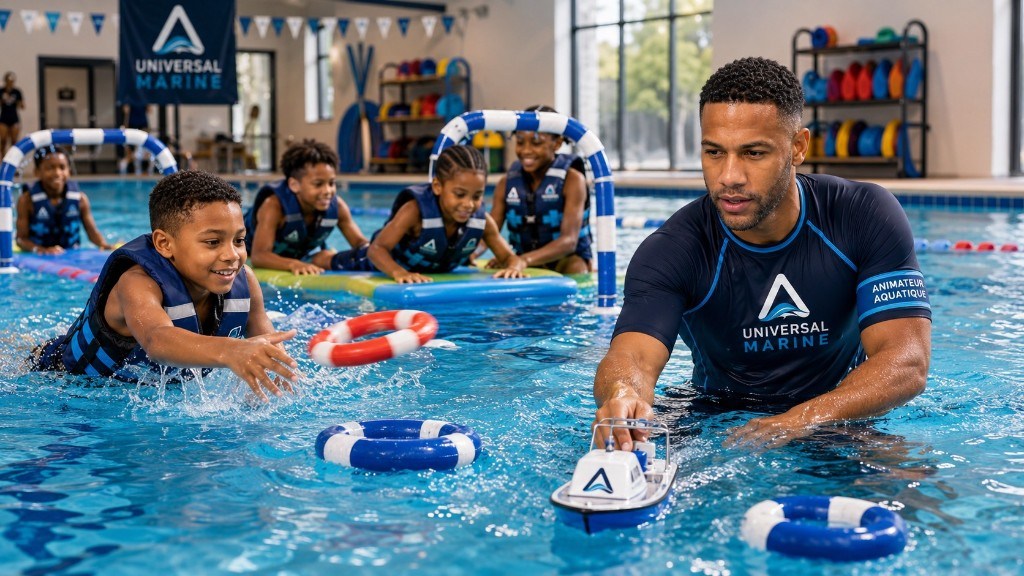 Enfants en gilets de sauvetage avec animateur et matériel de sécurité aquatique